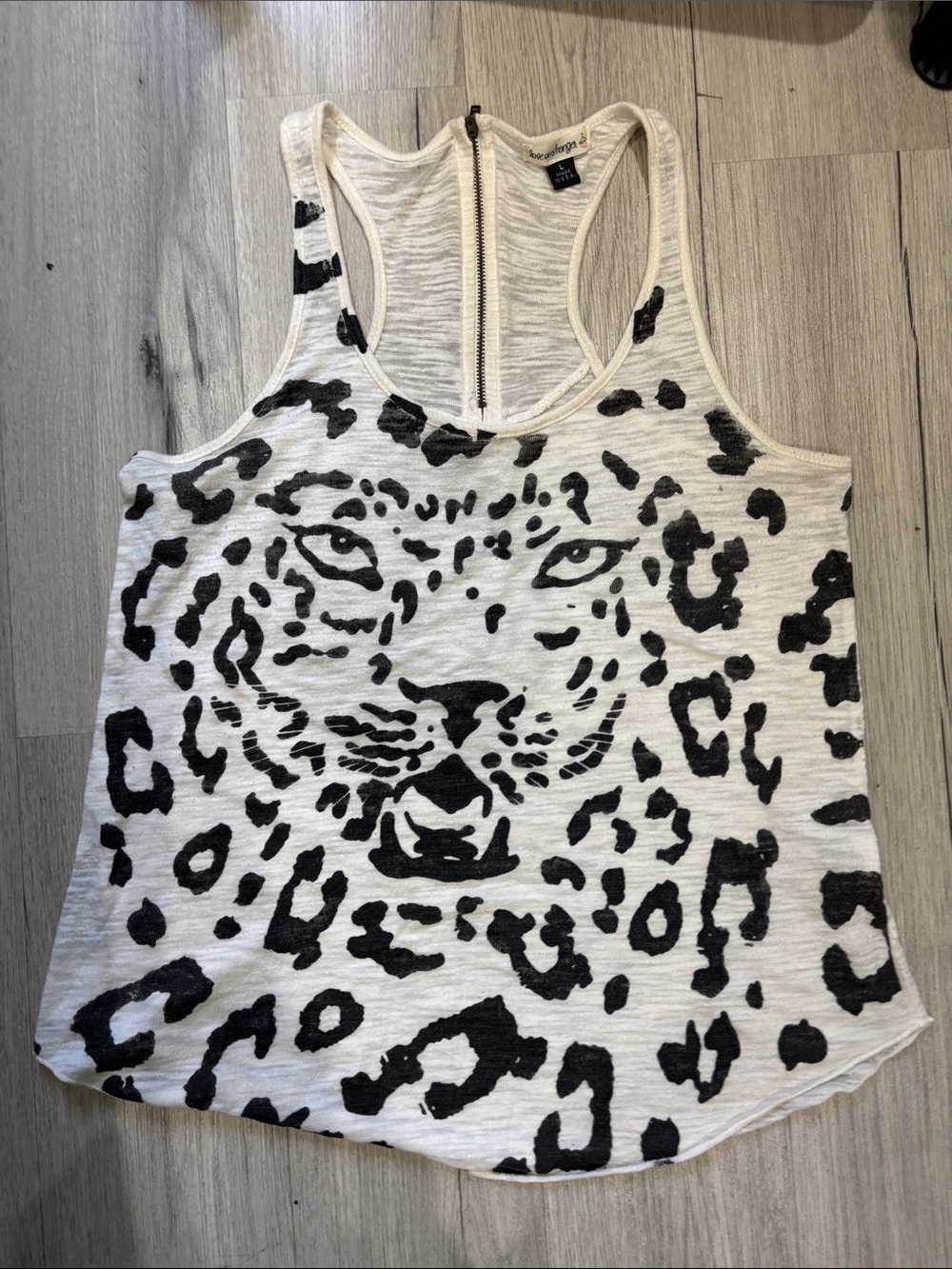 Cream Racerback Tank Top with Black Leopard Face Print